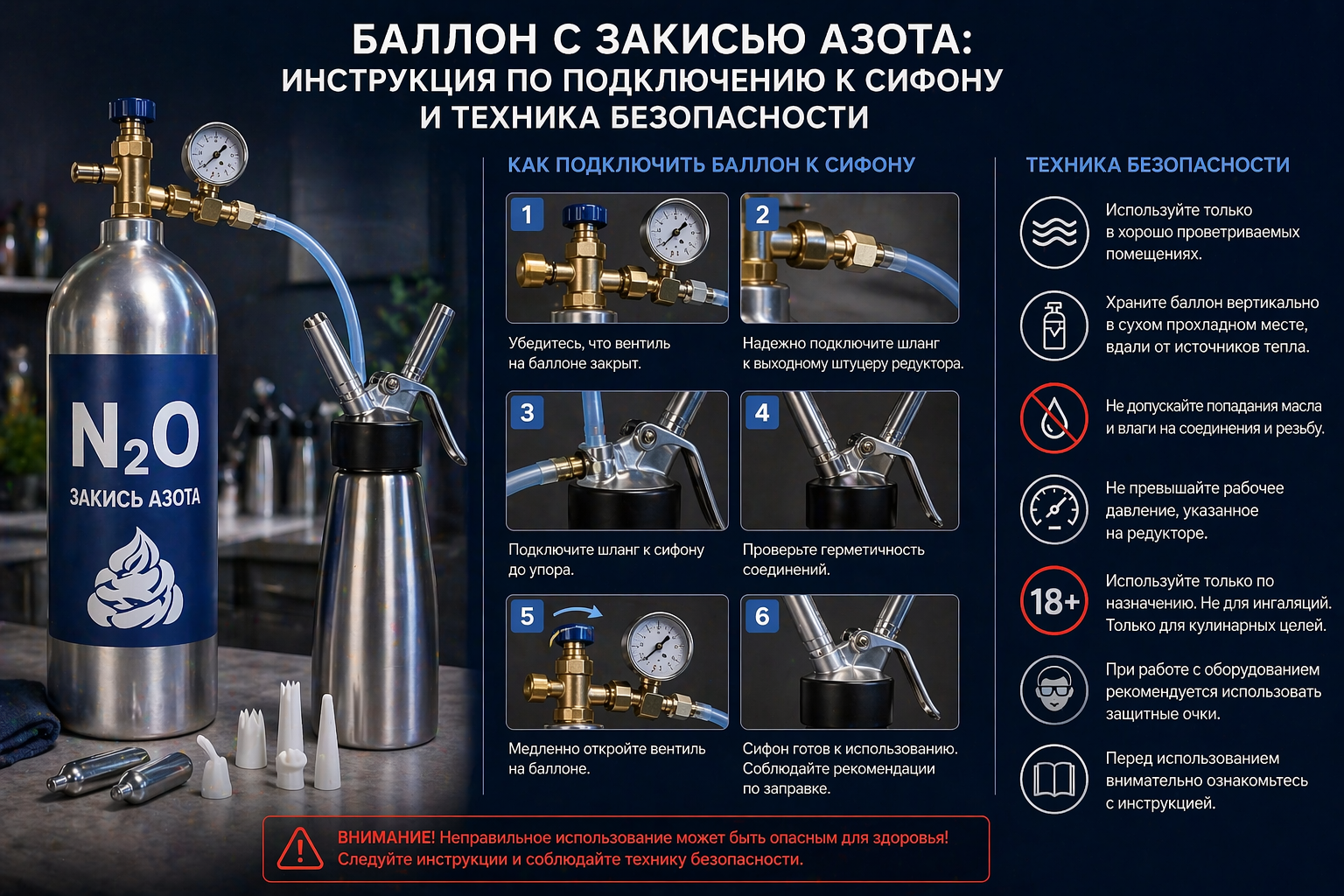 Баллон с закисью азота: инструкция по подключению к сифону и техника безопасности изображение